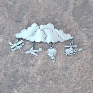 Vtg JJ Signed Pewter Rain Clouds Flying Charms Brooch Pin